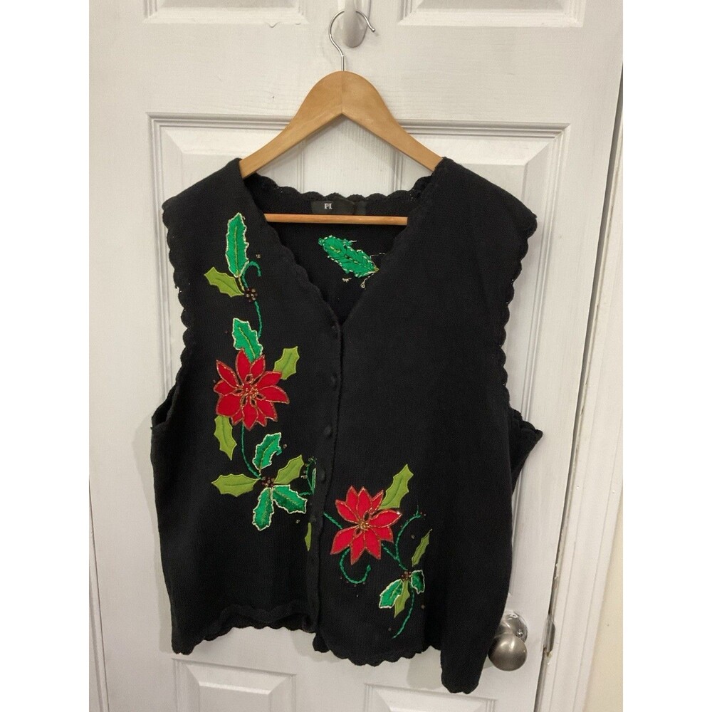 VTG Planet & CO Sweater Vest Womens 1x Black Cardigan Holly Leaves Christmas Emb